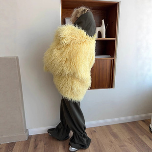 跨境黄色毛绒外套欧美风仿皮草环保皮草外套女oversise穿搭上衣