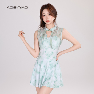 平角泳装 泳衣女2024年新款 连体裙式 微胖女孩遮肉高级感新中式 爆款