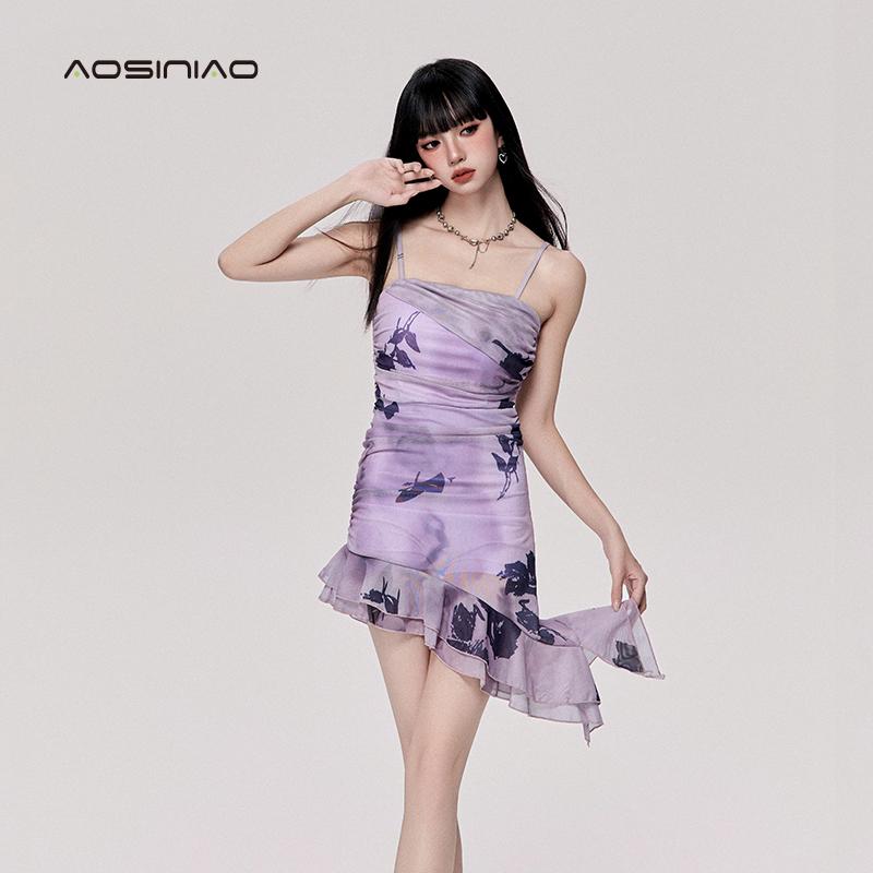 连体泳衣女荷叶边裙式平角吊带紫色印花保守防走光显瘦温泉游泳装