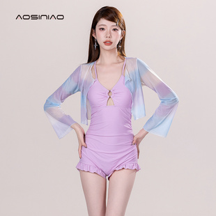 保守显瘦遮肚小胸聚拢平角游泳装 连体泳衣女夏2024新款 高级感时尚