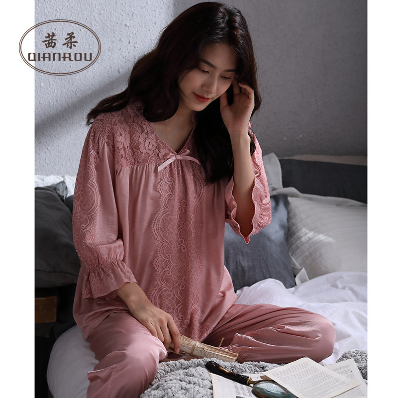 茜柔2022新款睡衣春秋天丝麻女蕾丝花边七分袖长裤性感冰丝家居服