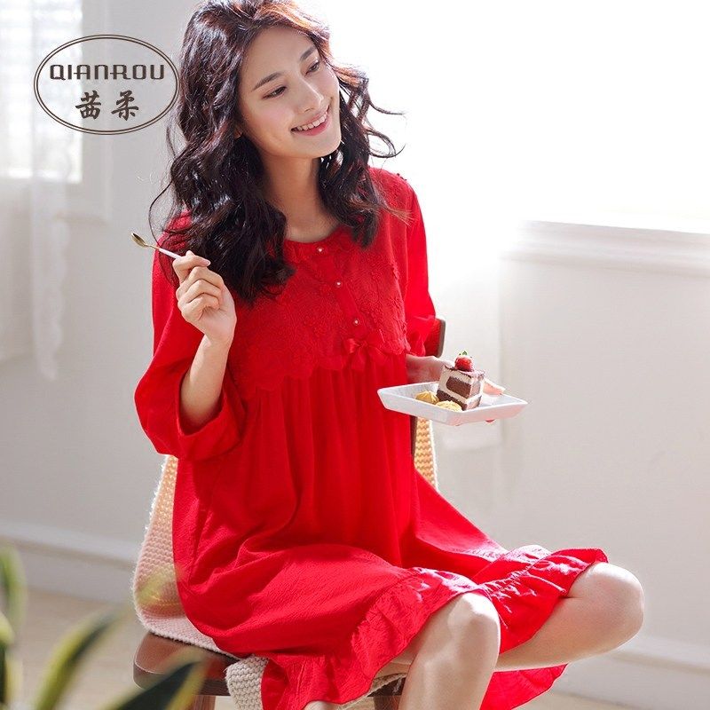 茜柔2018新款春夏女士睡裙薄款天丝麻丝绸睡衣连体简约大码居家服