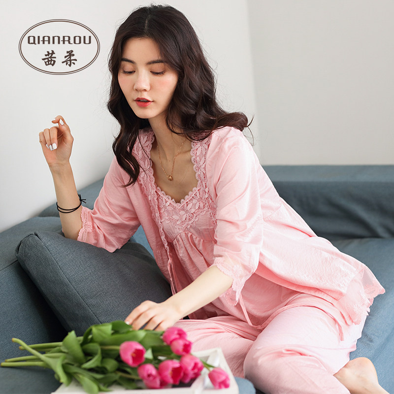 茜柔春秋天丝麻性感蕾丝吊带睡衣女丝绸家居服三件套装夏天仙女风
