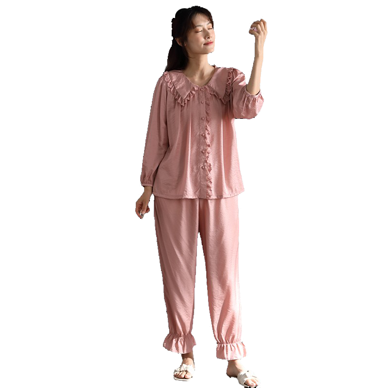 茜柔2022年春夏新款天丝麻睡衣女复古公主风蕾丝套装甜美可爱睡衣