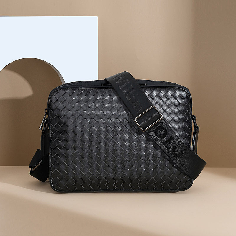 英皇保罗正品真皮斜挎包男士包包时尚编织格子单肩包通勤头层牛皮