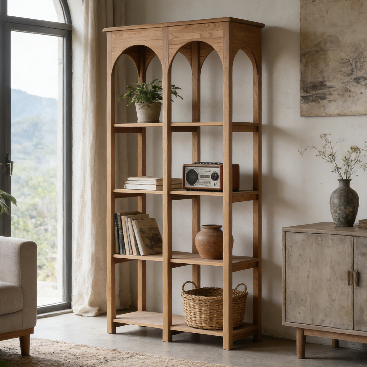 璇玑四层榆木书架书柜实木美式仿古风化客厅置物柜酒柜靠墙展示柜