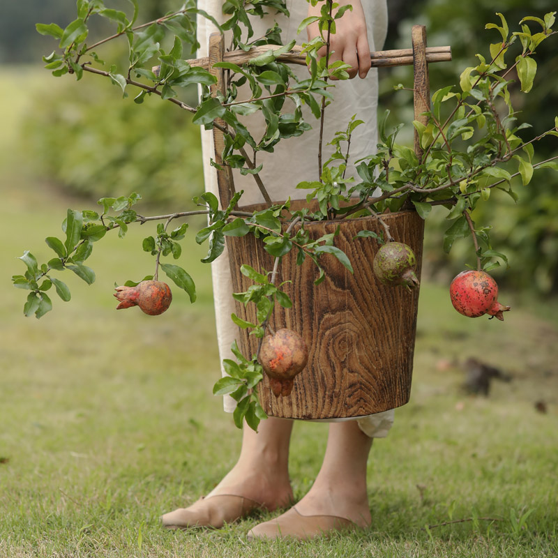 木制圆形提桶复古做旧拍摄道具实木侘寂风摆件庭院民宿院子装饰品