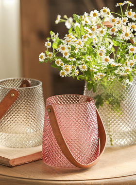 钻石皮革手提水桶包包玻璃花器灰色/粉色菱格纹理透明花瓶摆件