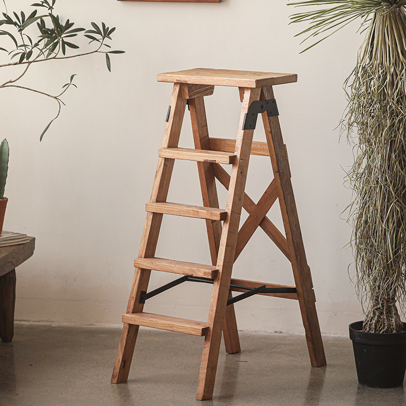 折叠梯创意花架老榆木实木梯子置物架复古做旧阳台造景客厅花几