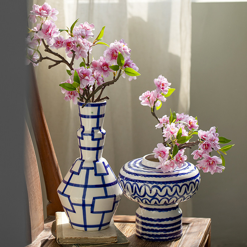 蓝色陶瓷花瓶法式中国风中古摆件家居饰品客厅玄关电视柜插花花器,家居饰品,花瓶,淘宝优惠券,粉丝福利购,淘宝优惠卷
