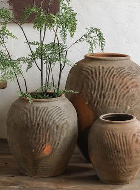 大圆肚黄色陶罐落地特大花瓶民宿侘寂风格客厅造景复古装饰粗陶罐