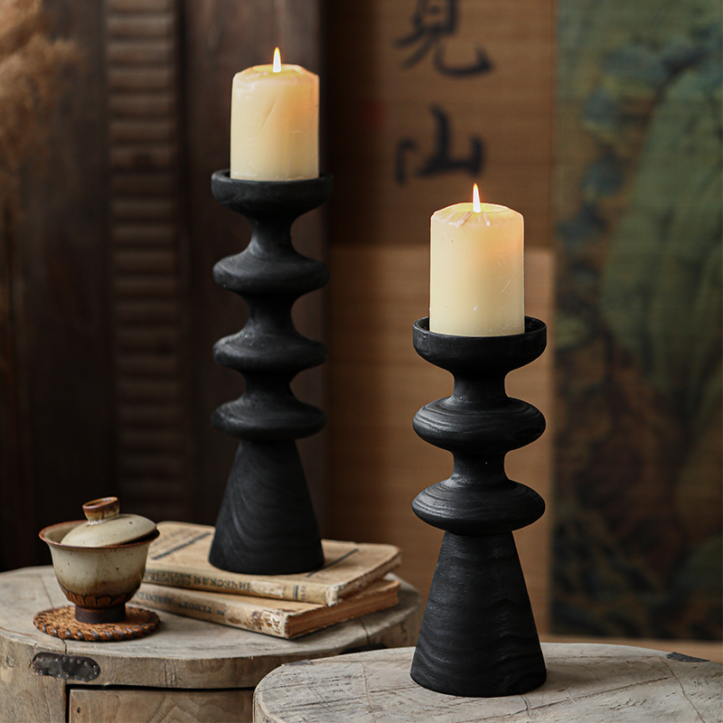 碳化木层叠烛台摆件黑色实木