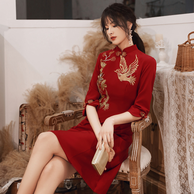 敬酒服新娘旗袍女新款酒红色平时可穿结婚衣服回门连衣裙礼服