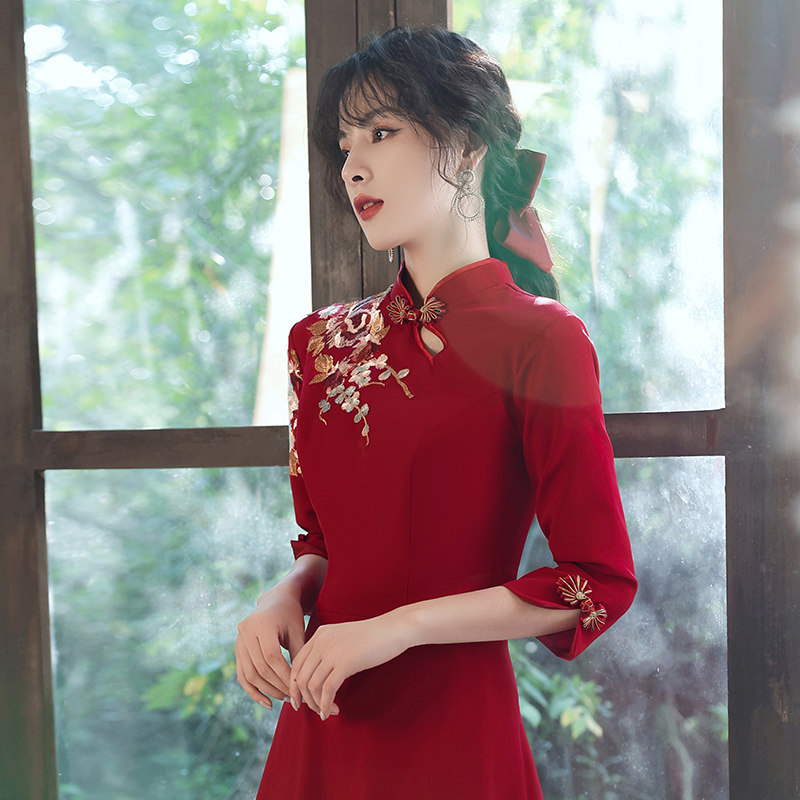 旗袍敬酒服新娘女秋冬冬季冬新款红色订婚回门长袖结婚礼服裙