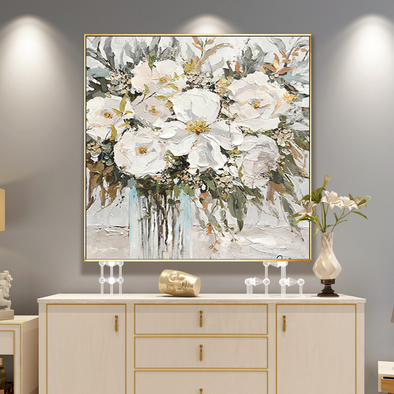 手绘油画牡丹花卉轻奢餐厅挂画玄关装饰画客厅背景墙壁画立体肌理图片