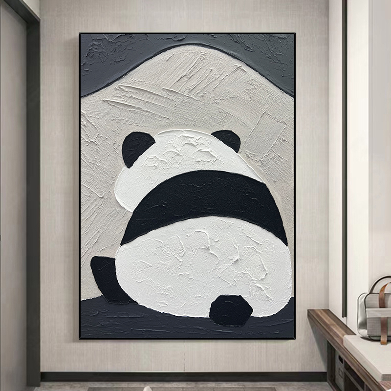 手绘油画黑白熊猫动物轻奢儿童房书房挂画客厅装饰画玄关壁画图片