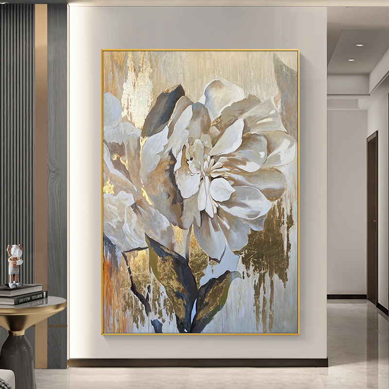 手绘油画 画牡丹金箔轻奢饭厅挂画 画客厅沙发背景墙装饰画 画玄图片