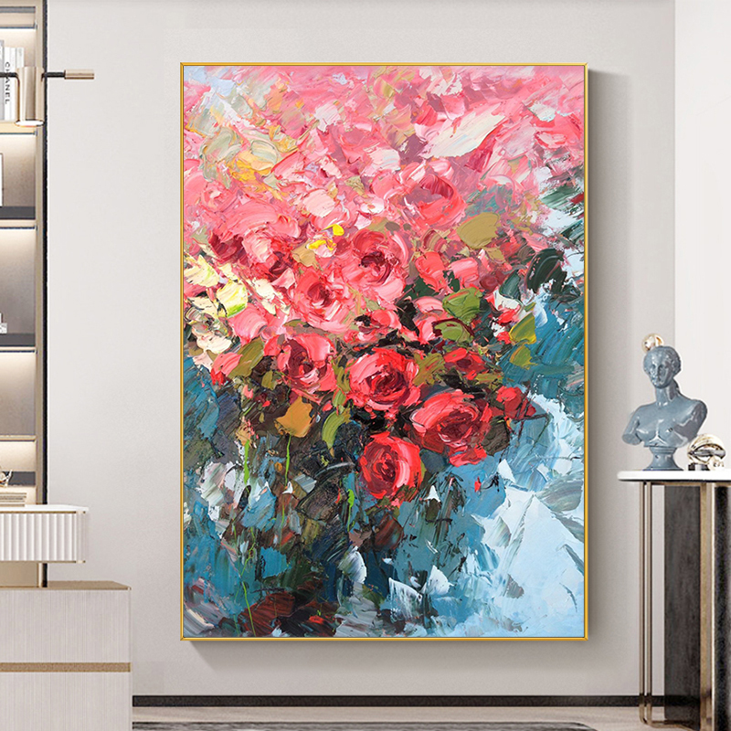 手绘油画玫瑰花卉餐厅挂画北欧客厅背景墙玄关装饰画轻奢立体图片