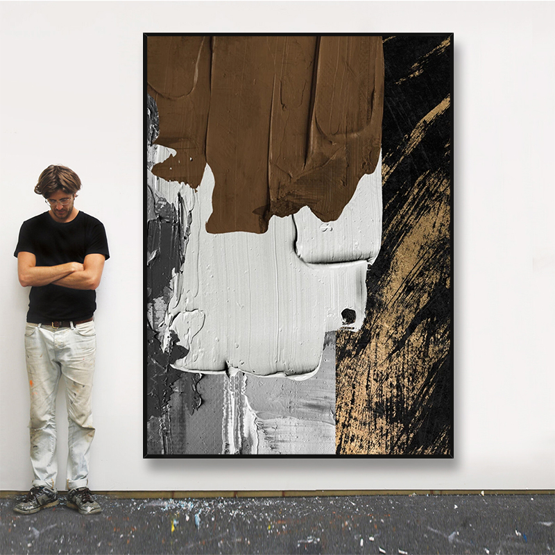 手绘油画立体棕色黑白冷色风格玄关背景墙装饰画现代抽象客厅挂画图片