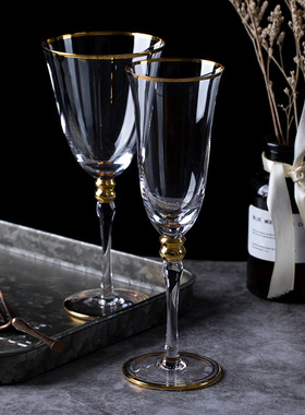 金边香槟杯红酒杯创意葡萄酒杯样板间酒具软装饰餐桌摆件玻璃杯子