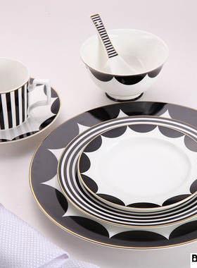 简约北欧金边西餐盘创意餐具陶瓷样板房会所牛排盘黑白几何套装