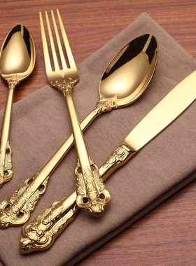 金色电镀浮雕牛排刀叉套装欧式高档复古西餐刀叉勺家用西餐具全套