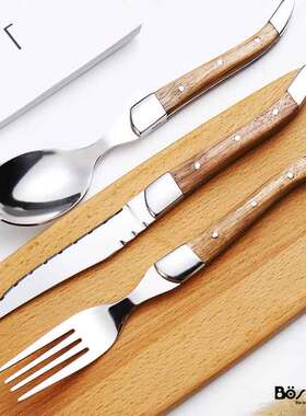 不锈钢西餐牛排刀叉勺西餐具金丝柚木不锈钢复古木柄餐具304刀叉