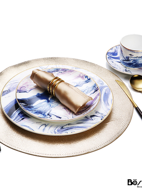 欧式骨瓷西餐具套装样板间酒店会所餐具紫色水墨套装餐巾垫热销款