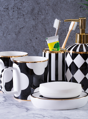 欧式金边卫浴洁具五件套洗漱套装浴室用品套件漱口杯陶瓷浴室用品