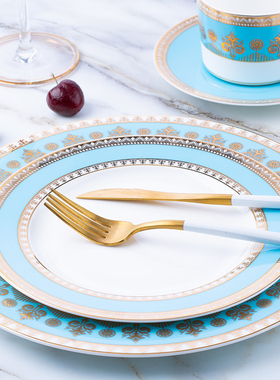 珂澜骨瓷刀叉盘欧式陶瓷西餐餐具套装创意金边家用金边牛排盘子