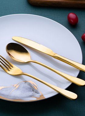 金色不锈钢刀叉勺西餐具套装 牛排刀叉勺三件套 西餐刀叉牛扒餐叉