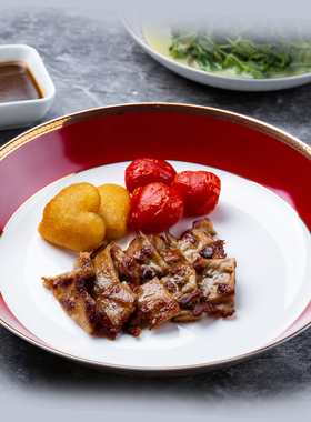 深盘北欧家用菜盘汤盘深盘子加深加高金边牛排盘红色宴会西餐盘子