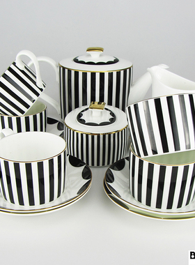 15头几何简欧英式黑白条纹骨瓷咖啡具茶具套具会所酒店样板房家居