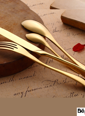 伯善瓷kaya中档卡雅镀金不锈钢西餐刀叉勺四件套金色牛排刀叉套装