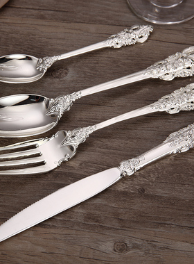 锌合金镀银欧式西餐刀叉汤勺全套银色下午茶套装复古餐具创意刀叉