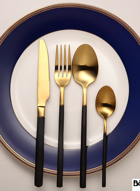 复古西餐刀叉勺蓝色餐具套装黑间金哑光不锈钢牛排刀家用创意全套
