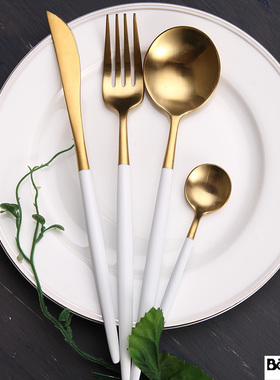 安妮白间金不锈钢拉丝西餐牛排刀叉长柄咖啡勺葡萄牙同款礼盒热销