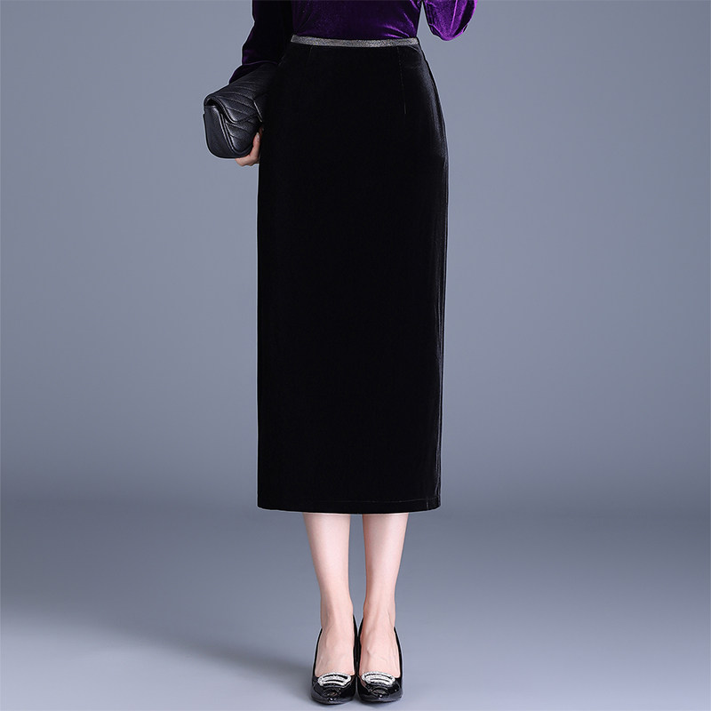 松紧腰烫钻金丝绒半身裙女2025秋冬季新修身时尚中长款包臀直筒裙,女装/女士精品,半身裙,淘宝优惠券,粉丝福利购,淘宝优惠卷