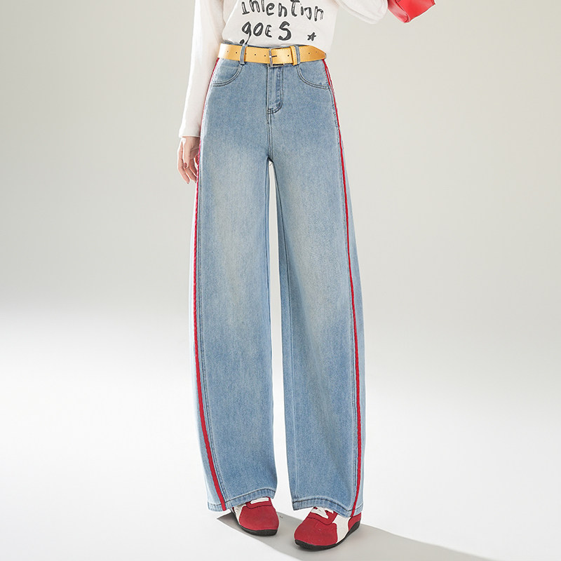 撞色条纹阔腿牛仔裤女2026春季新款高腰显瘦时尚休闲裤子直筒裤,女装/女士精品,牛仔裤,淘宝优惠券,粉丝福利购,淘宝优惠卷