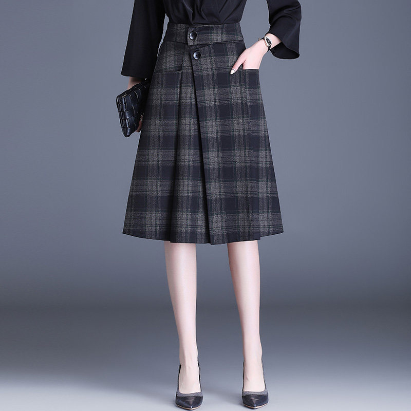 a字半身裙春秋新款格子裙女复古高腰开叉直筒裙ins休闲伞裙中长裙