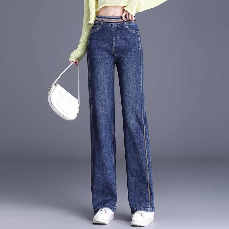 窄版直筒牛仔裤女春秋2025弹力松紧高腰显瘦阔腿长裤小个子九分裤