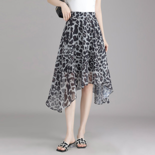 不规则豹纹雪纺半身裙女2026夏季大码胖MM高腰设计感中长款a字裙