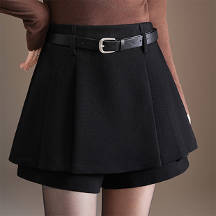 黑色西装阔腿短裤女2025秋冬新加厚高腰显瘦设计感假两件a字裙裤