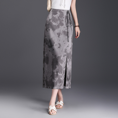 新中式半身裙2025夏季薄款水墨画高腰醋酸开叉a字筒裙长裙包臀裙