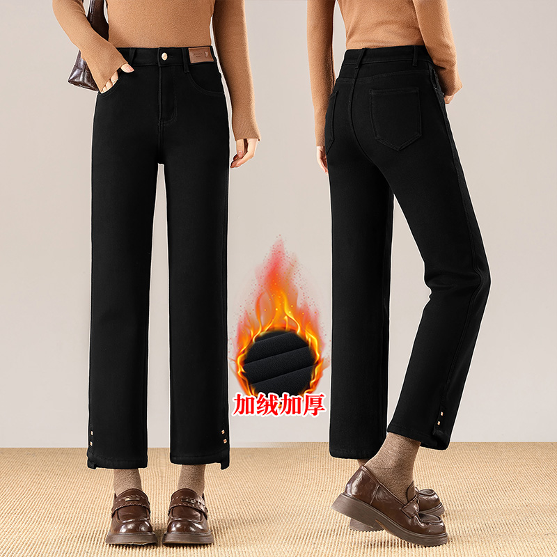 加绒梨形身材小个子牛仔裤女冬季高腰显瘦遮肉韩版直筒九分烟管裤