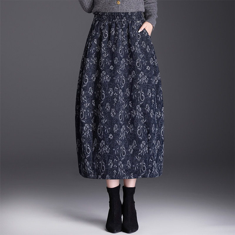 印花毛呢花苞裙女2025年秋冬新款显瘦松紧高腰遮肚子中长款半身裙