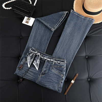 高腰复古休闲牛仔喇叭裤女2025秋季新款丝巾设计感显瘦弹力马蹄裤