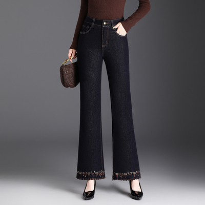 中年妈妈国风刺绣弹力喇叭裤女2025年秋季新款高腰显瘦微喇牛仔裤