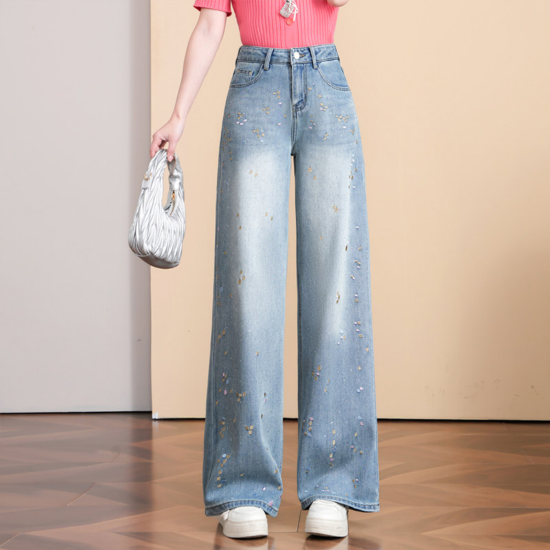 时尚牛仔阔腿裤女2026年春季新款高腰浅色刺绣窄版直筒裤子休闲裤