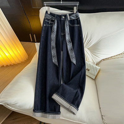 条纹翻边阔腿牛仔裤女2025年秋季新款高腰显瘦宽松小个子直筒裤子